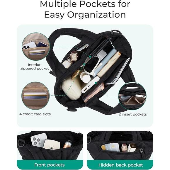 Black Quilted Mini Tote Bag Adjustable Crossbody Strap – Lightweight & Stylish - Picture 3 of 6